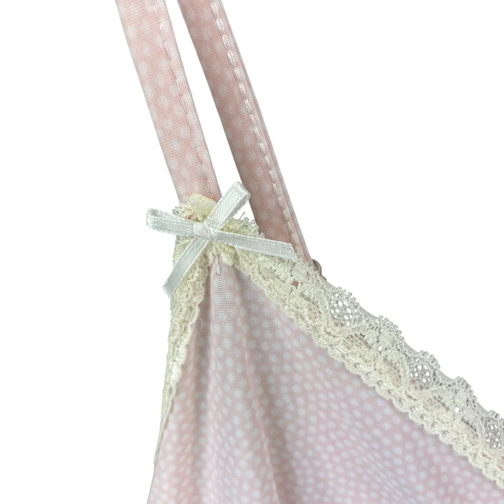 Rene Rofe Pink Polka Dot Lace Trim Chemise Nightgown Adjustable Straps Small‎